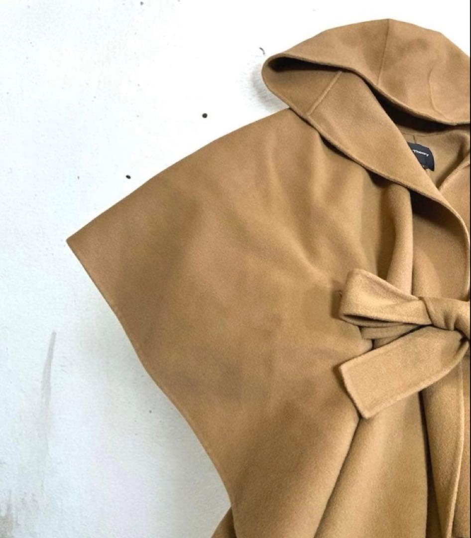 Theoryセオリー ポンチョケープ　ベルト付き　フード　カシミア混キャメル　S