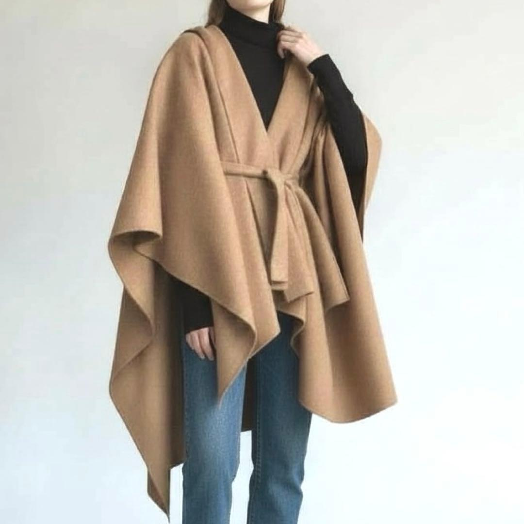 Theoryセオリー ポンチョケープ　ベルト付き　フード　カシミア混キャメル　S