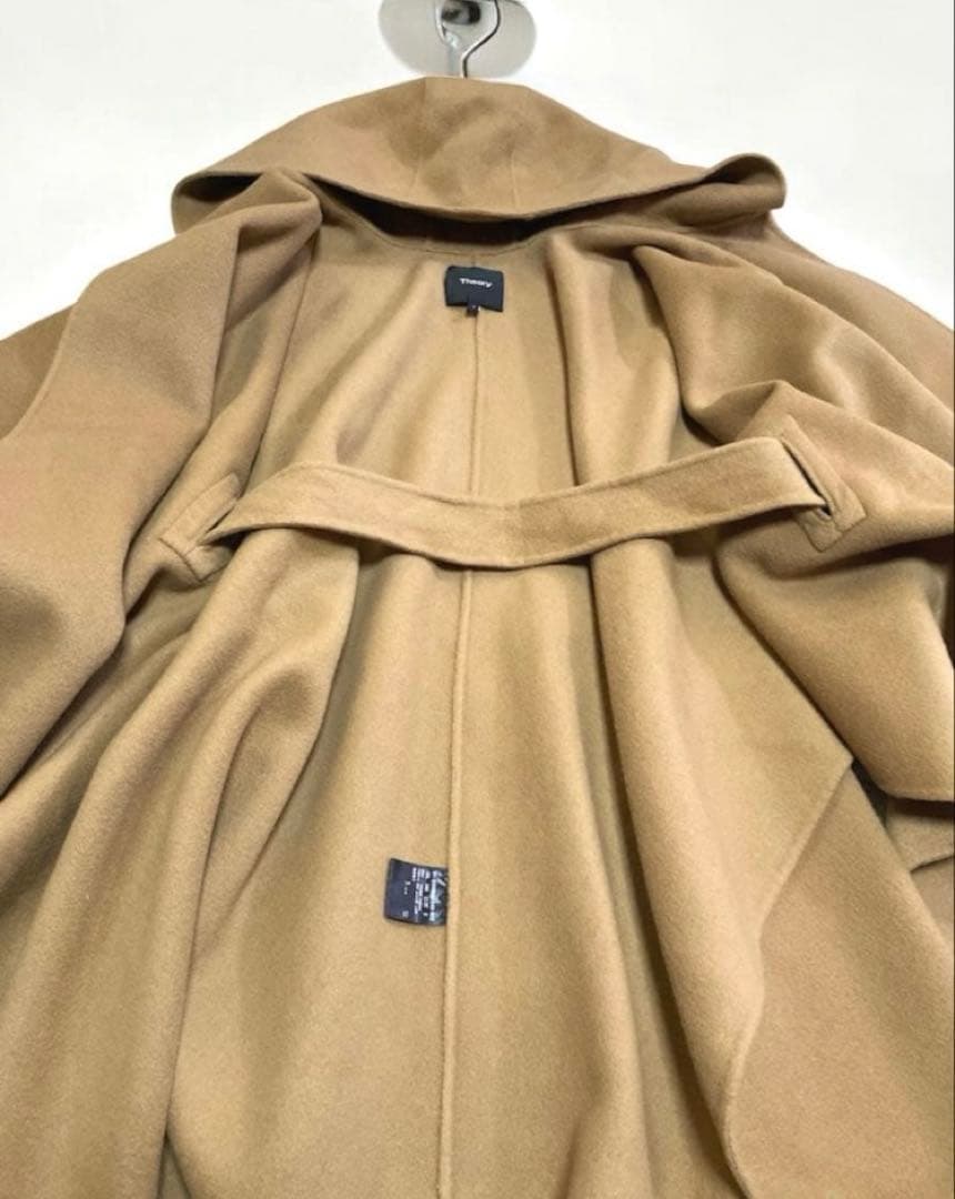 Theoryセオリー ポンチョケープ　ベルト付き　フード　カシミア混キャメル　S