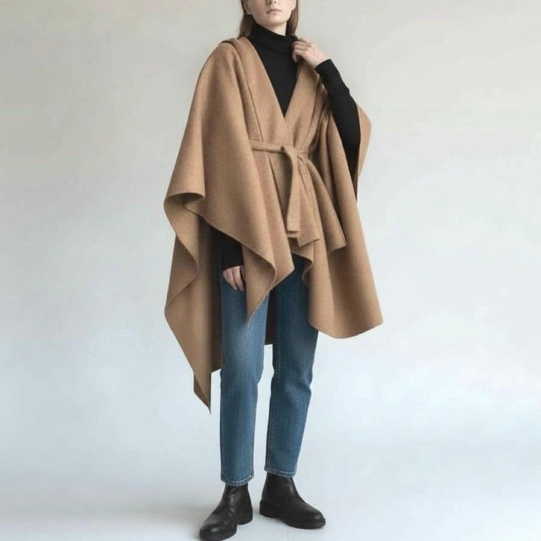 Theoryセオリー ポンチョケープ　ベルト付き　フード　カシミア混キャメル　S