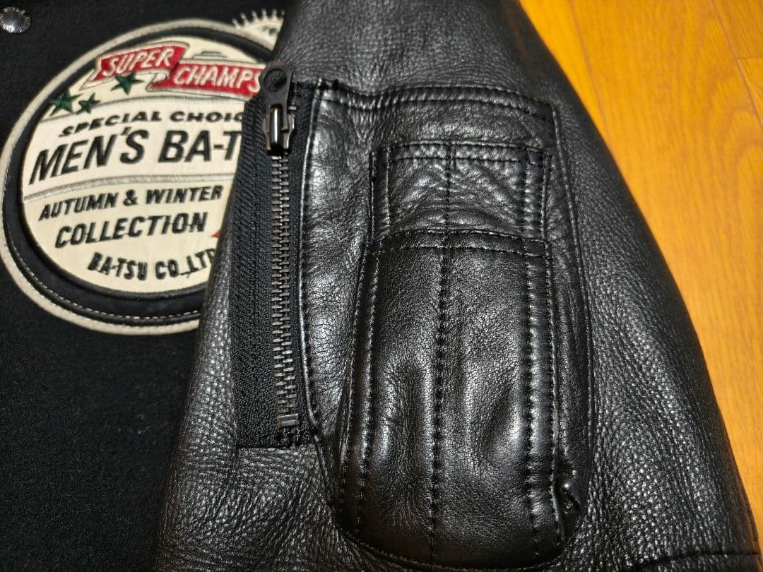 MEN'S BATSU メンズバツ 刺繍&ワッペン 袖革スタジャン　ヴィンテージ