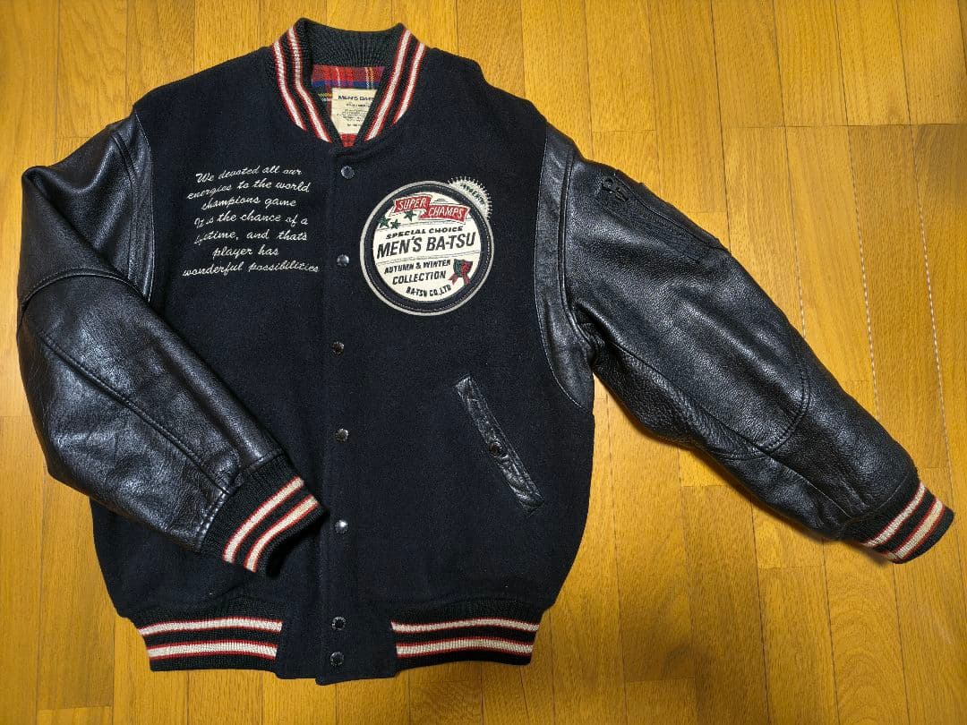 MEN'S BATSU メンズバツ 刺繍&ワッペン 袖革スタジャン　ヴィンテージ