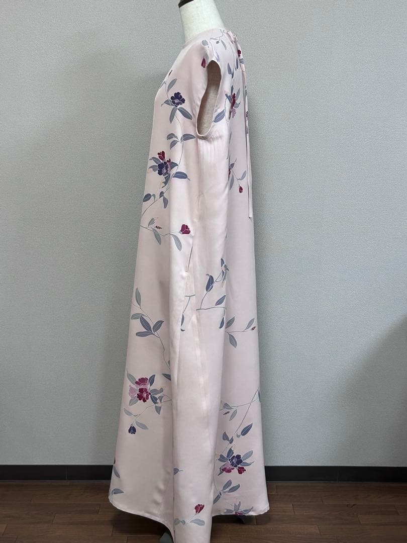 ♪着物リメイク♪ 桜色に上品な友禅花模様　後リボンの シンプルワンピース　後長め