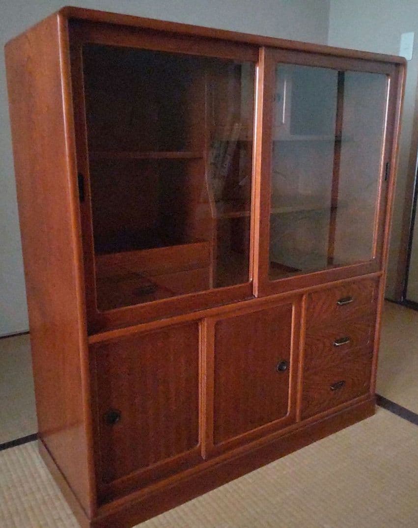 茶箪笥　和風木製ガラス扉収納棚