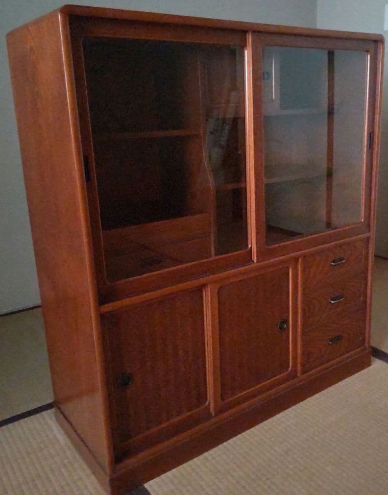 茶箪笥　和風木製ガラス扉収納棚