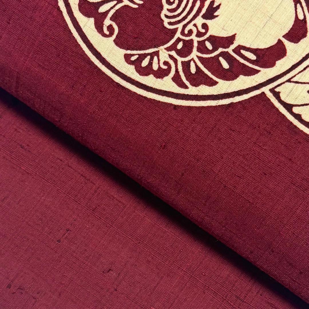 みー 名古屋帯 開き名古屋 鳳凰 紬 つむぎ 臙脂色 丸柄 NO-1419