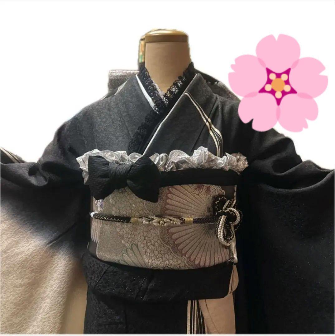 439黒白金通し　大胆華やか!!　乱菊　正絹振袖6点フルセット成人式卒業式謝恩会