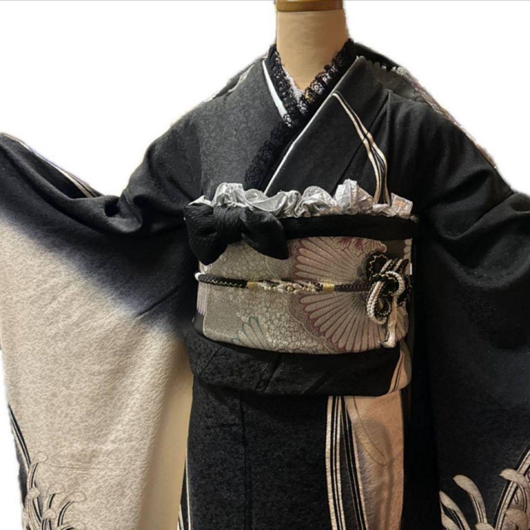 439黒白金通し　大胆華やか!!　乱菊　正絹振袖6点フルセット成人式卒業式謝恩会