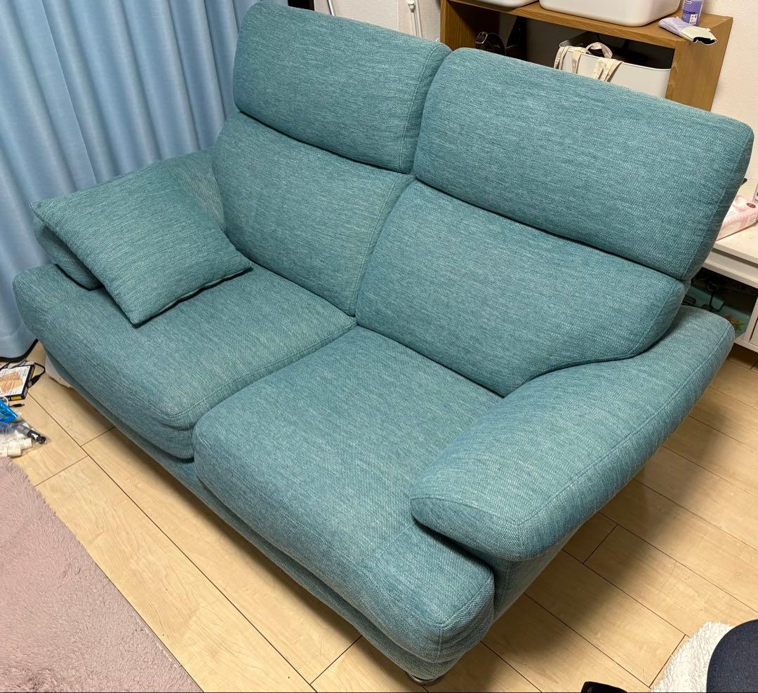 2人掛け布張りソファ ターコイズブルー