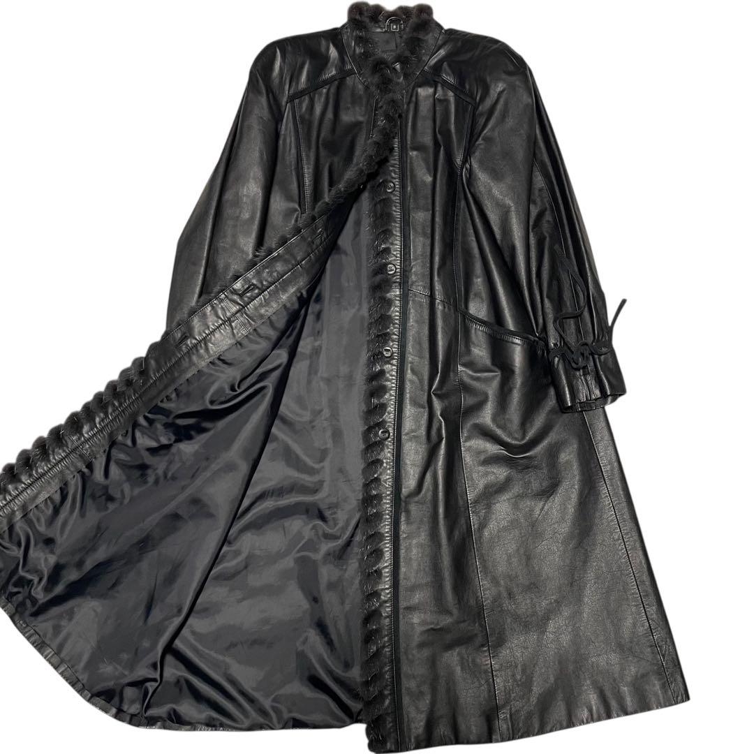 【vintage】牛革 マキシ丈カウレザー比翼ロングコート 日本製 ファー 黒L