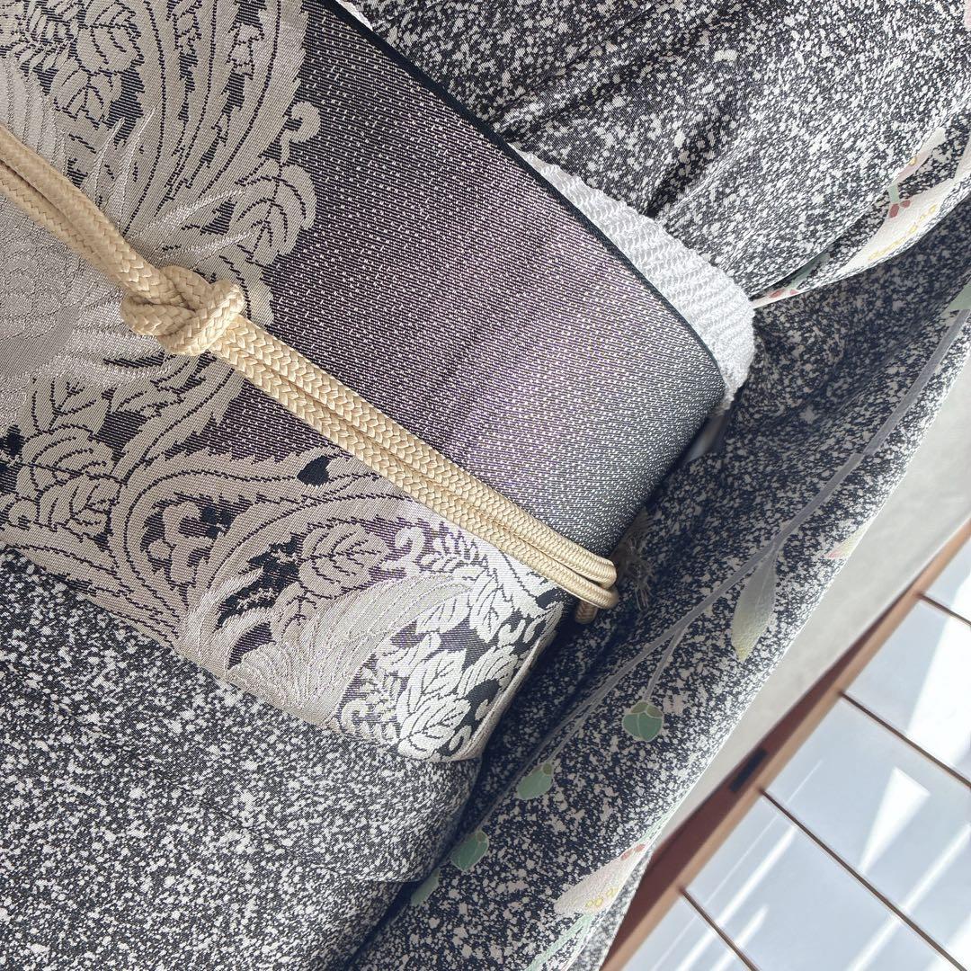 訪問着　フルセット　着物　正絹　黒　たたき染　大人モノトーン　墨花模様　N3