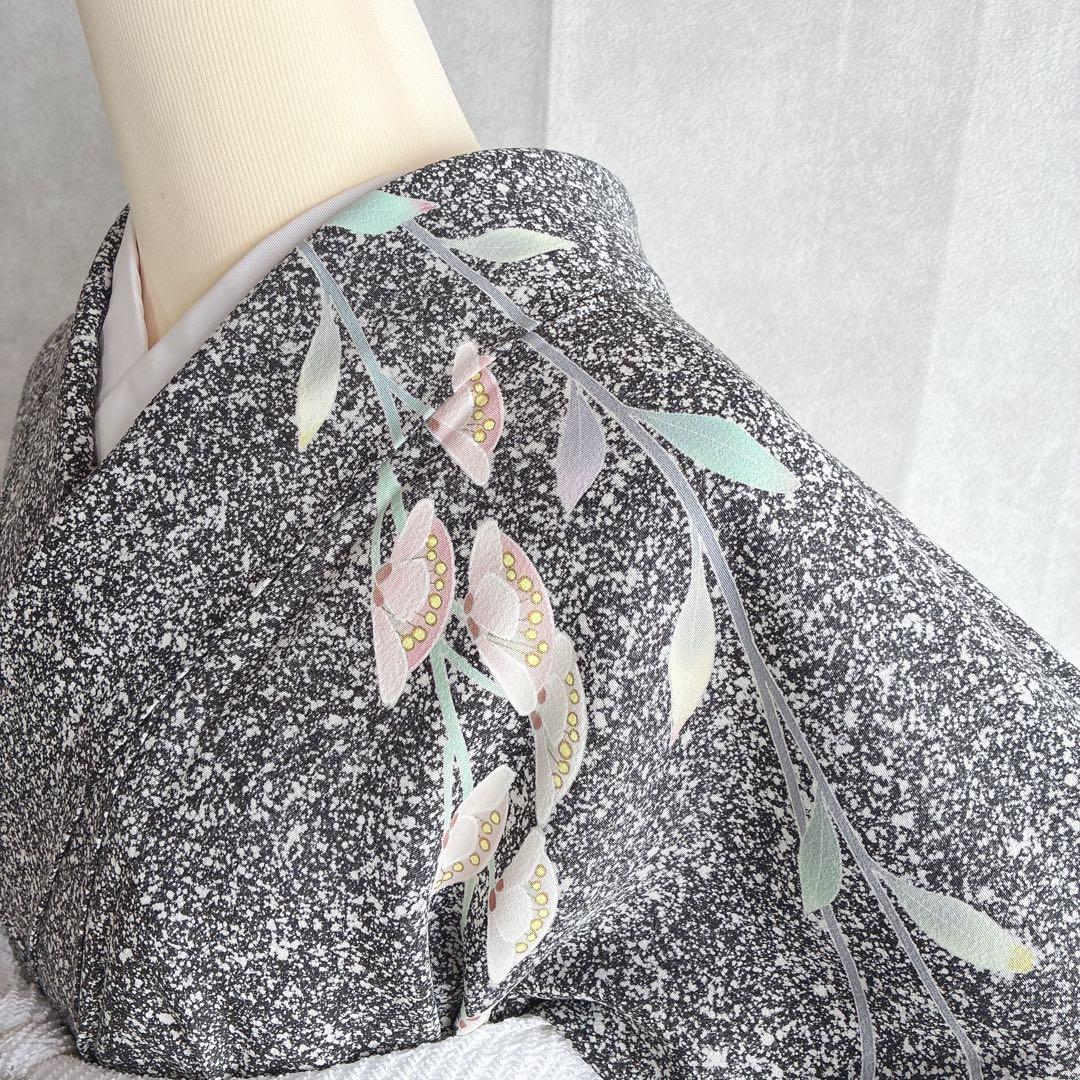 訪問着　フルセット　着物　正絹　黒　たたき染　大人モノトーン　墨花模様　N3