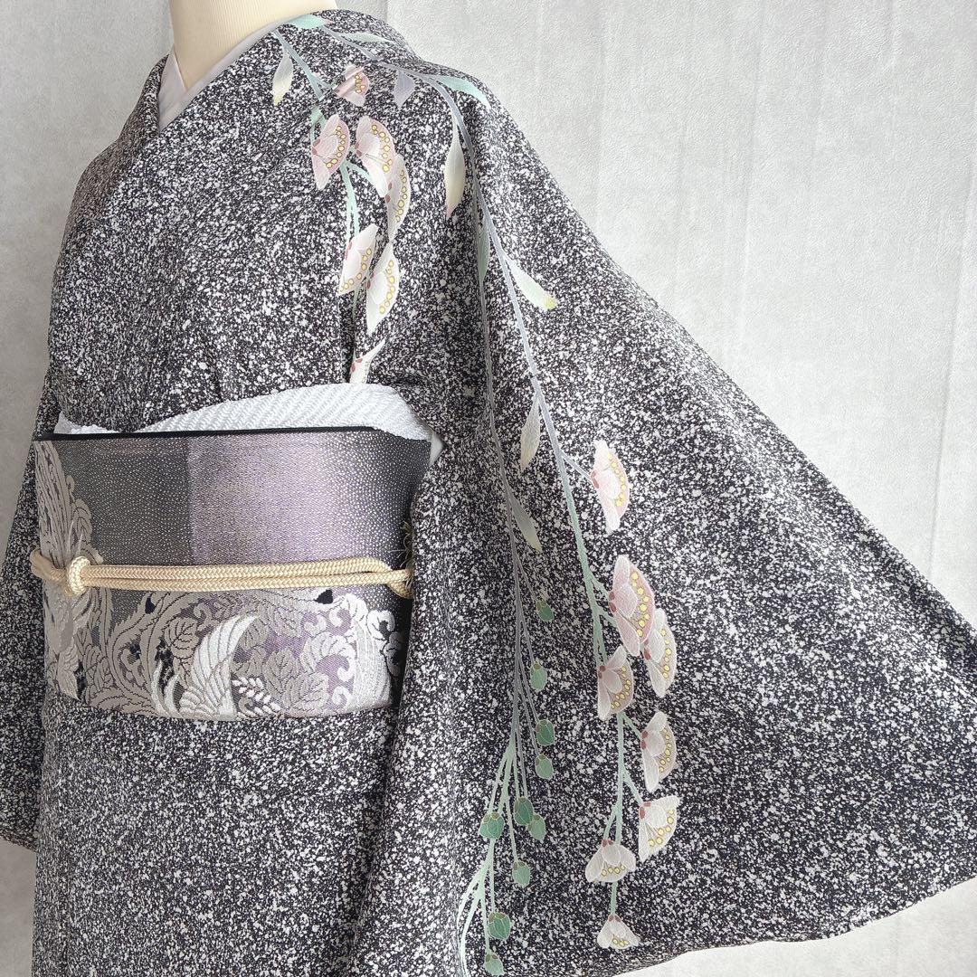 訪問着　フルセット　着物　正絹　黒　たたき染　大人モノトーン　墨花模様　N3