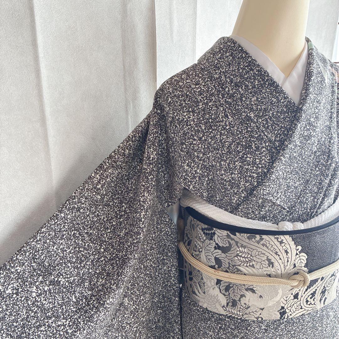 訪問着　フルセット　着物　正絹　黒　たたき染　大人モノトーン　墨花模様　N3