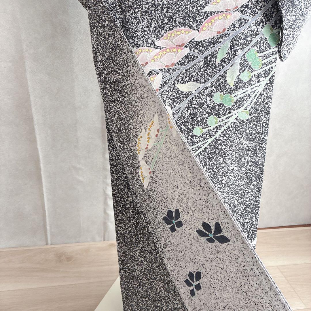 訪問着　フルセット　着物　正絹　黒　たたき染　大人モノトーン　墨花模様　N3