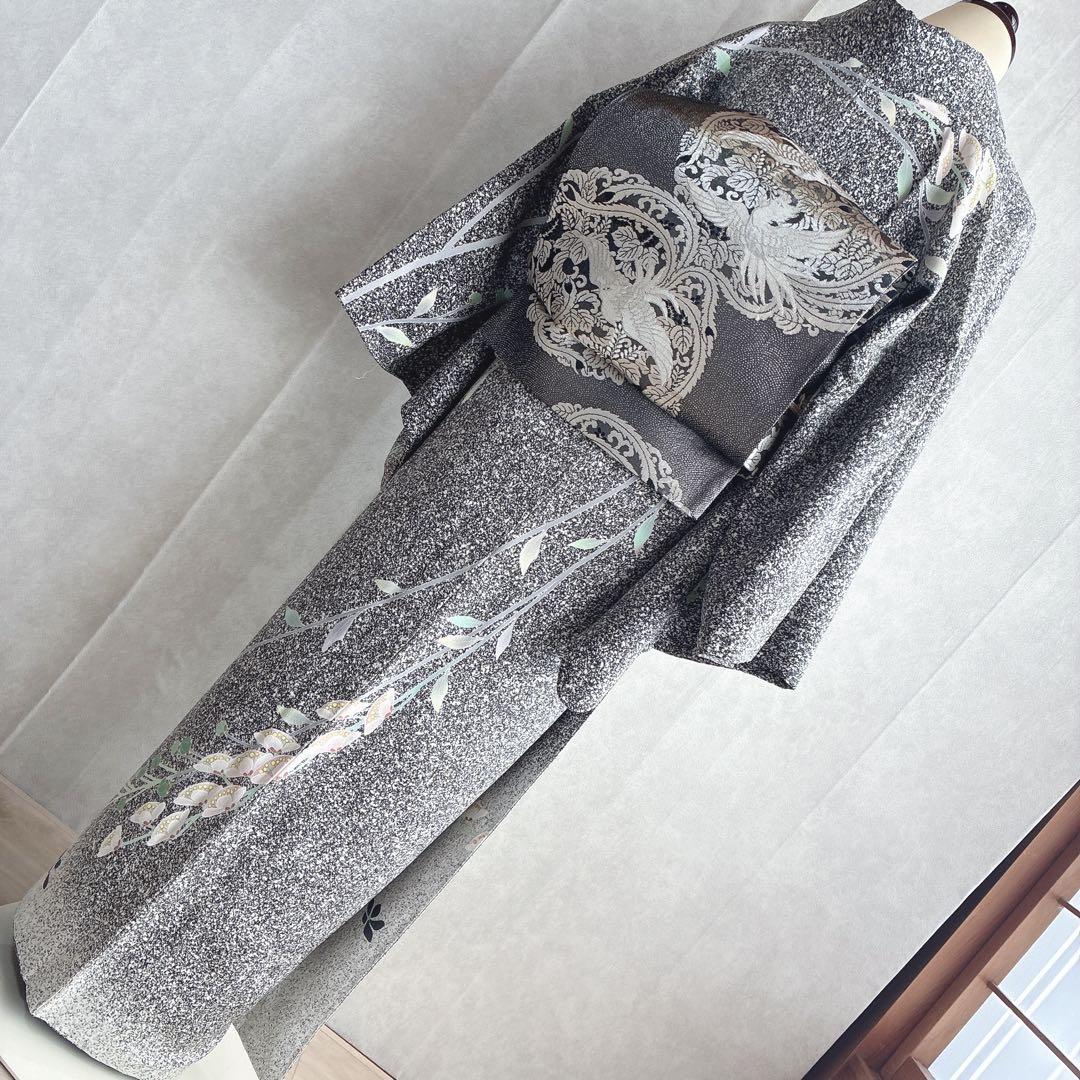 訪問着　フルセット　着物　正絹　黒　たたき染　大人モノトーン　墨花模様　N3