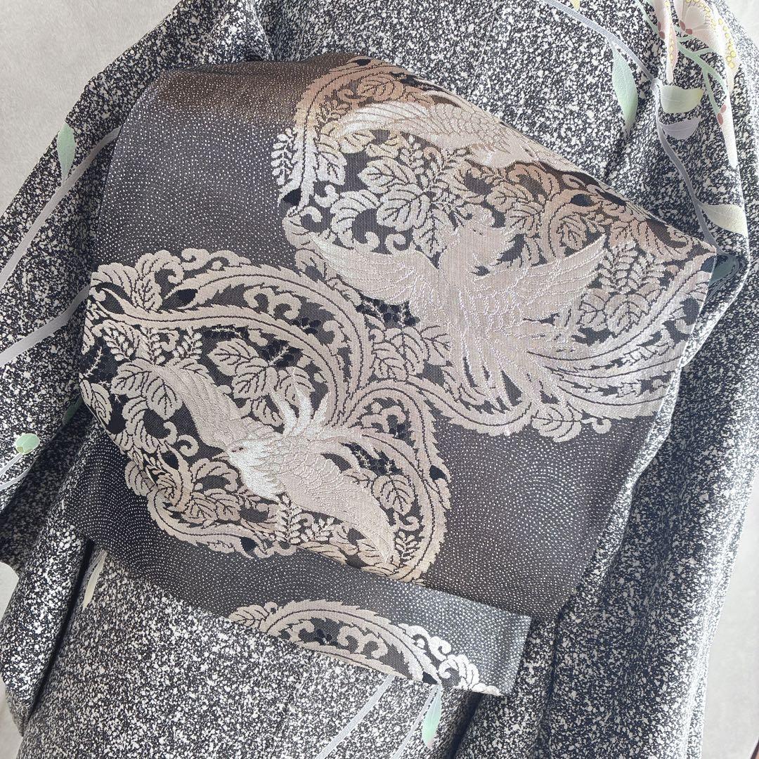 訪問着　フルセット　着物　正絹　黒　たたき染　大人モノトーン　墨花模様　N3