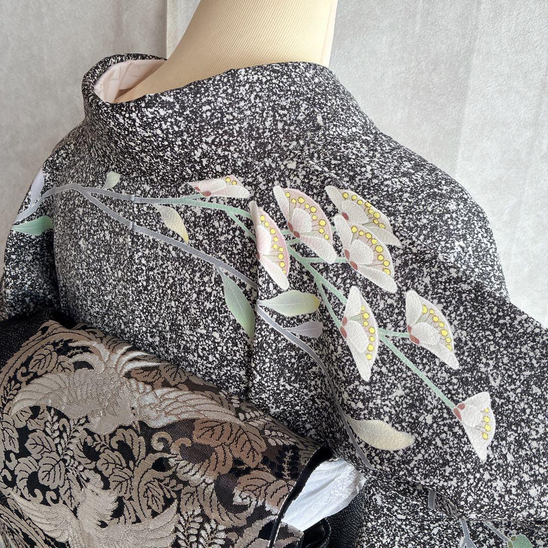 訪問着　フルセット　着物　正絹　黒　たたき染　大人モノトーン　墨花模様　N3