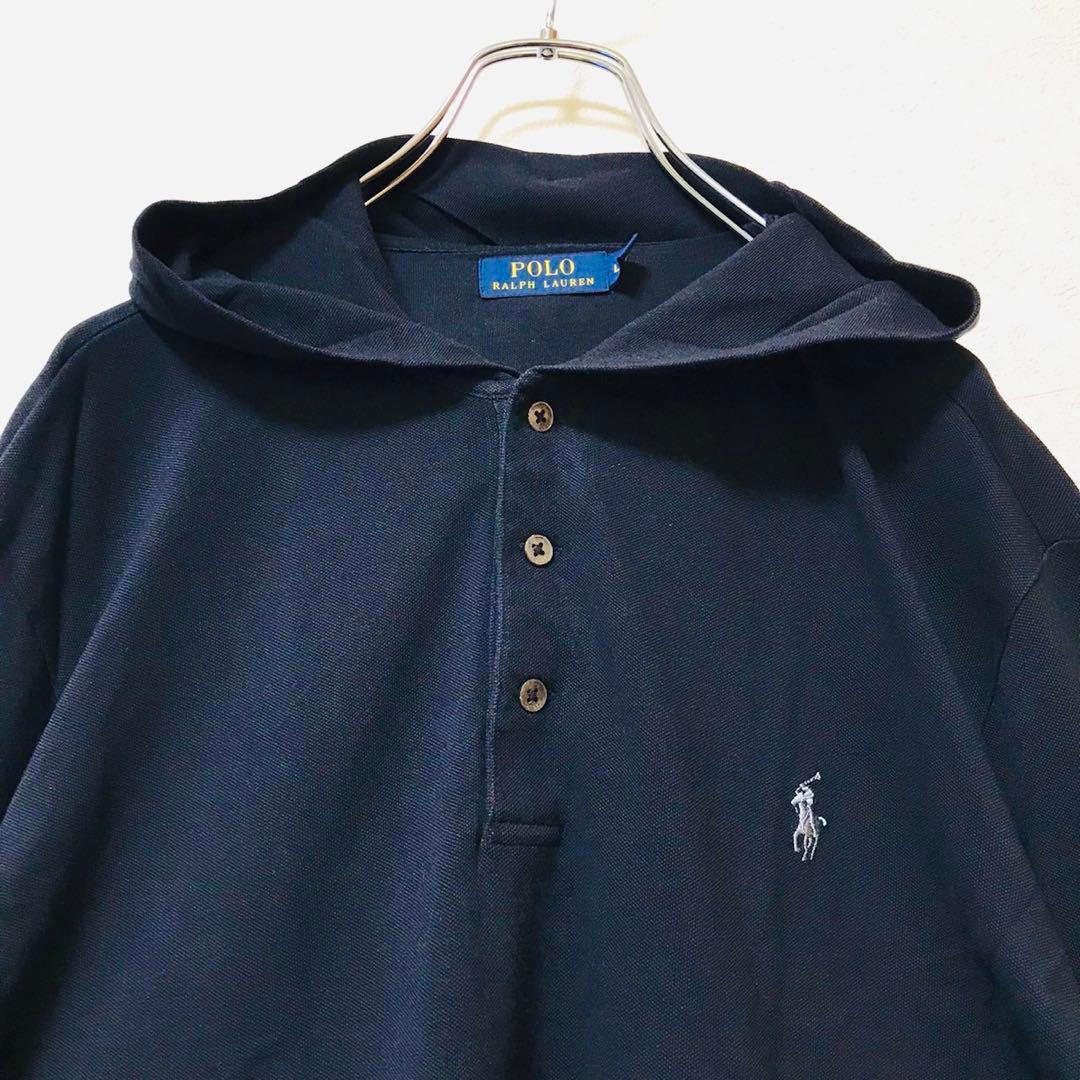 ポロラルフローレン フーディー 長袖ポロシャツ ワンポイントロゴ L ブラック