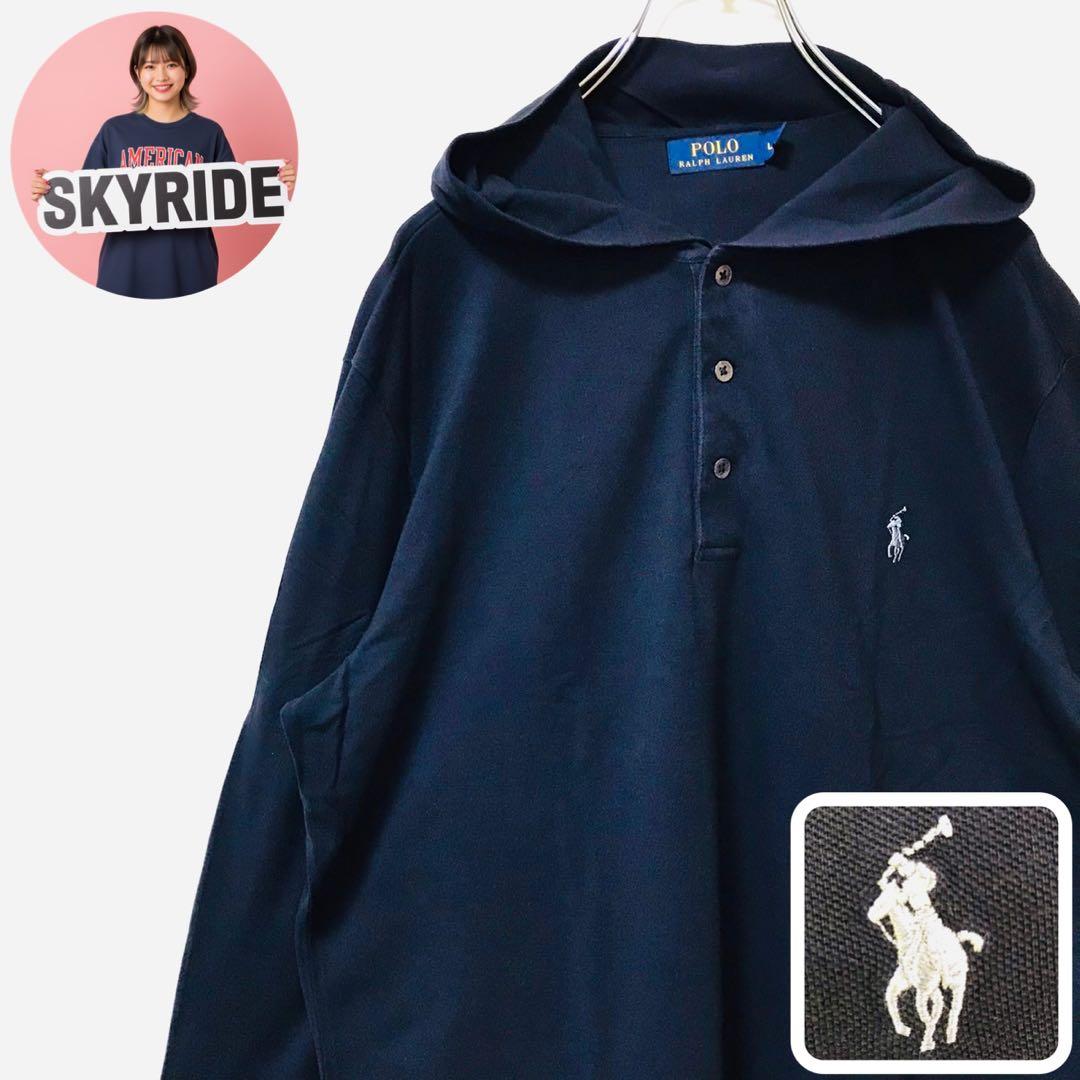 ポロラルフローレン フーディー 長袖ポロシャツ ワンポイントロゴ L ブラック