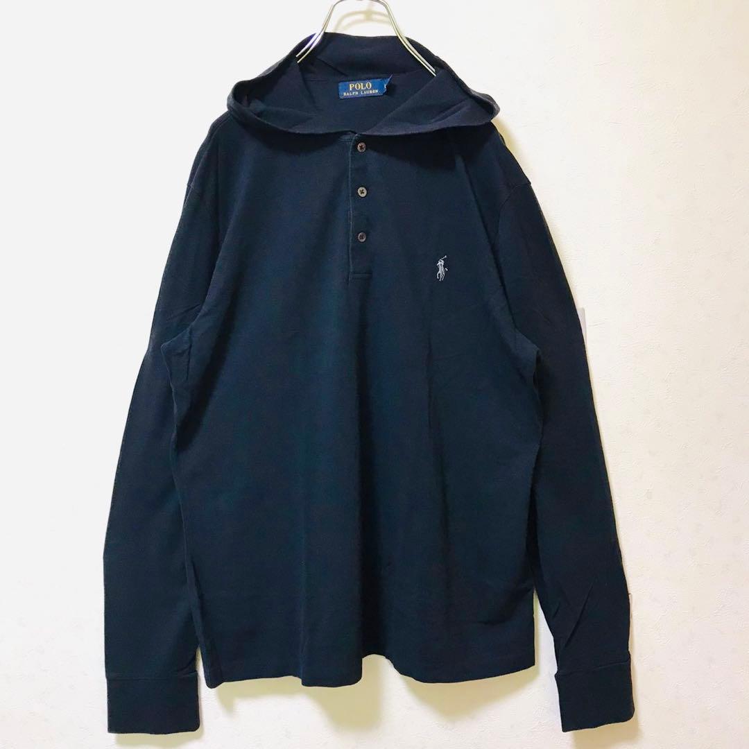 ポロラルフローレン フーディー 長袖ポロシャツ ワンポイントロゴ L ブラック