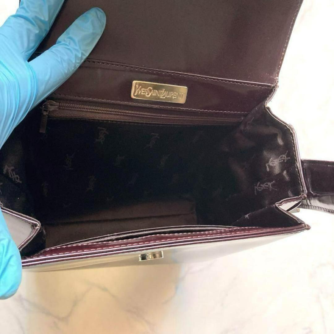 イブサンローラン 肩かけ ショルダー エナメル パテントレザー ブラウン