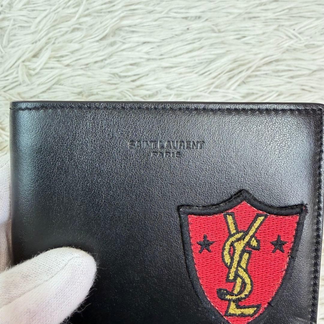 未使用級✨サンローラン 二つ折り 財布 YSL シールドワッペン 黒/ブラック