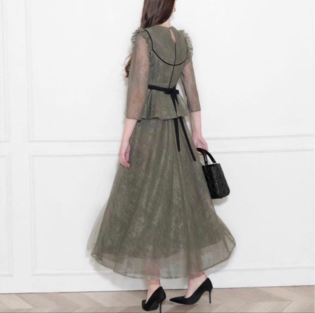 Leja 7分丈ワンピース グリーン パーティードレス 結婚式 総レース花柄