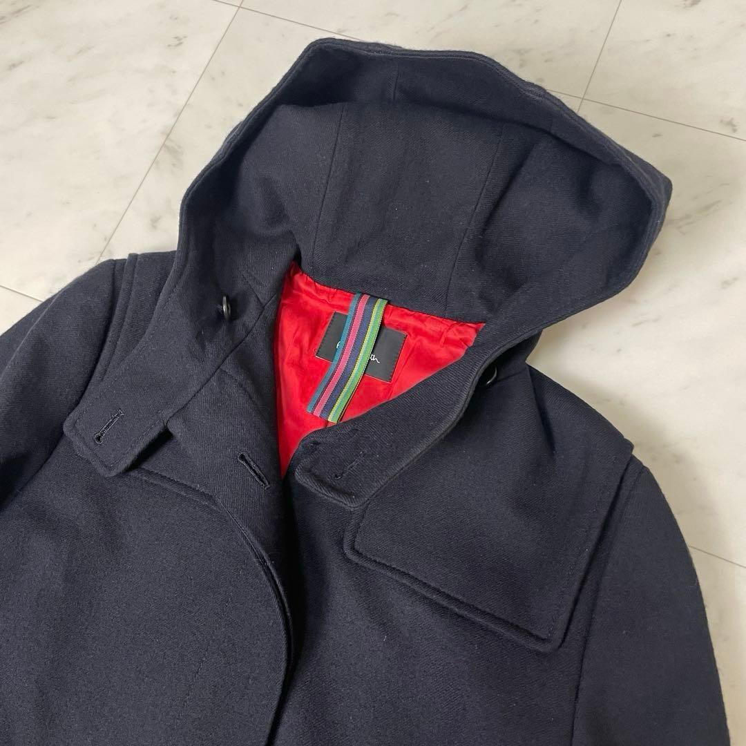 【美品】ピーエスポールスミス ウールコート フーディ ストライプ L 黒 赤