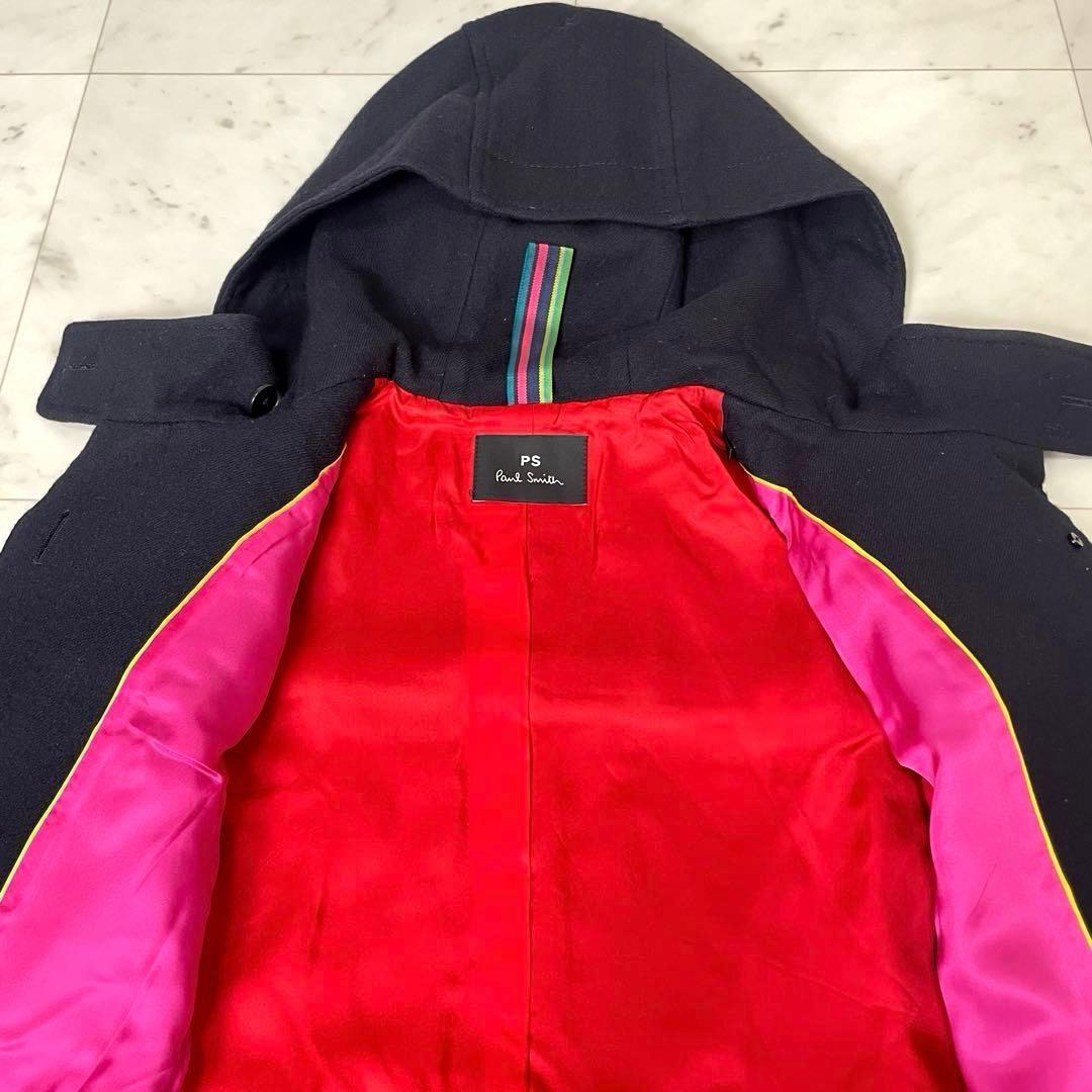 【美品】ピーエスポールスミス ウールコート フーディ ストライプ L 黒 赤