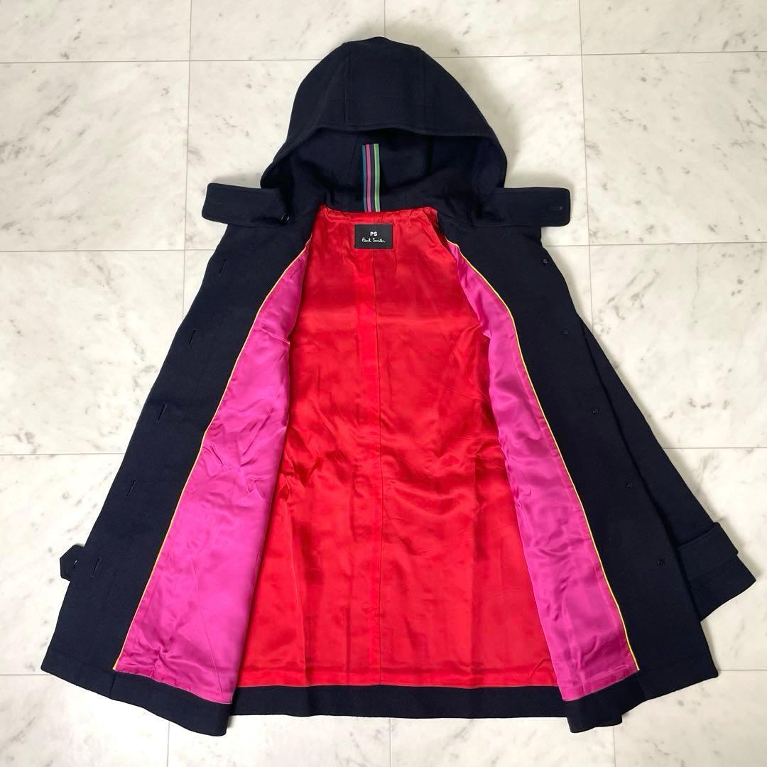 【美品】ピーエスポールスミス ウールコート フーディ ストライプ L 黒 赤