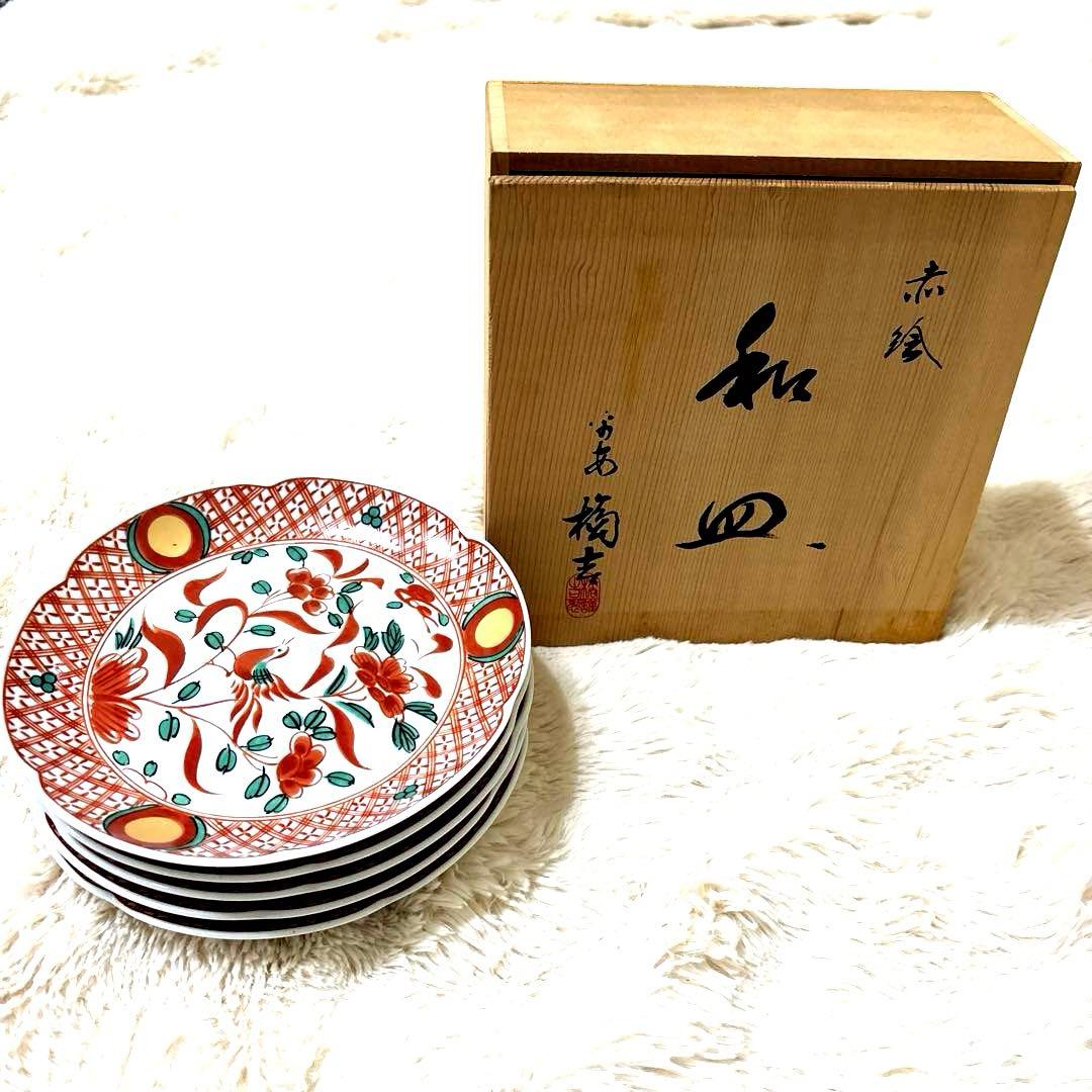 新品 たち吉 橘吉 赤絵花鳥 中皿5枚 木箱付 金彩丸紋 呉須赤絵 古伊万里色絵