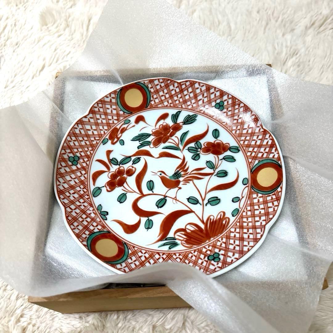 新品 たち吉 橘吉 赤絵花鳥 中皿5枚 木箱付 金彩丸紋 呉須赤絵 古伊万里色絵