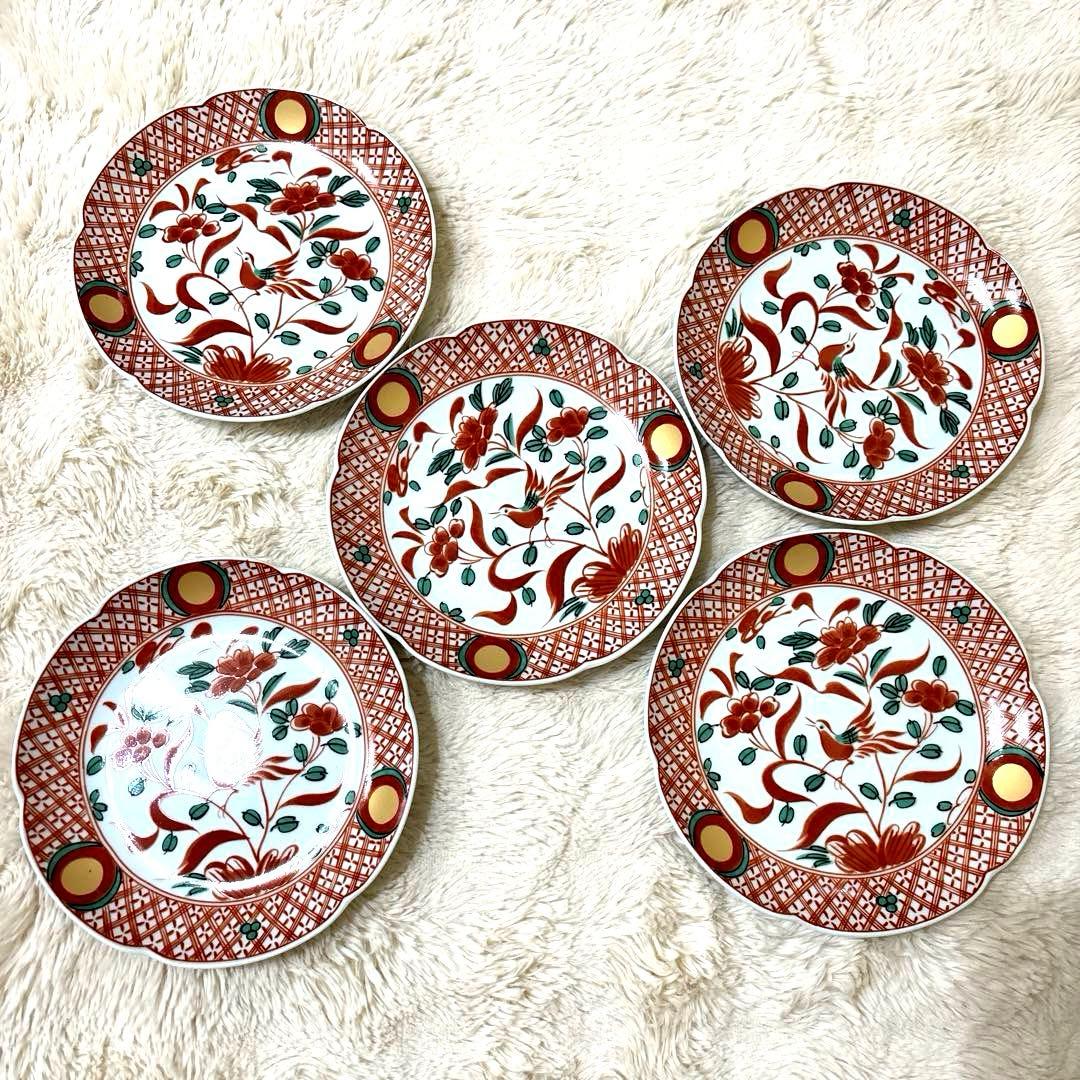 新品 たち吉 橘吉 赤絵花鳥 中皿5枚 木箱付 金彩丸紋 呉須赤絵 古伊万里色絵