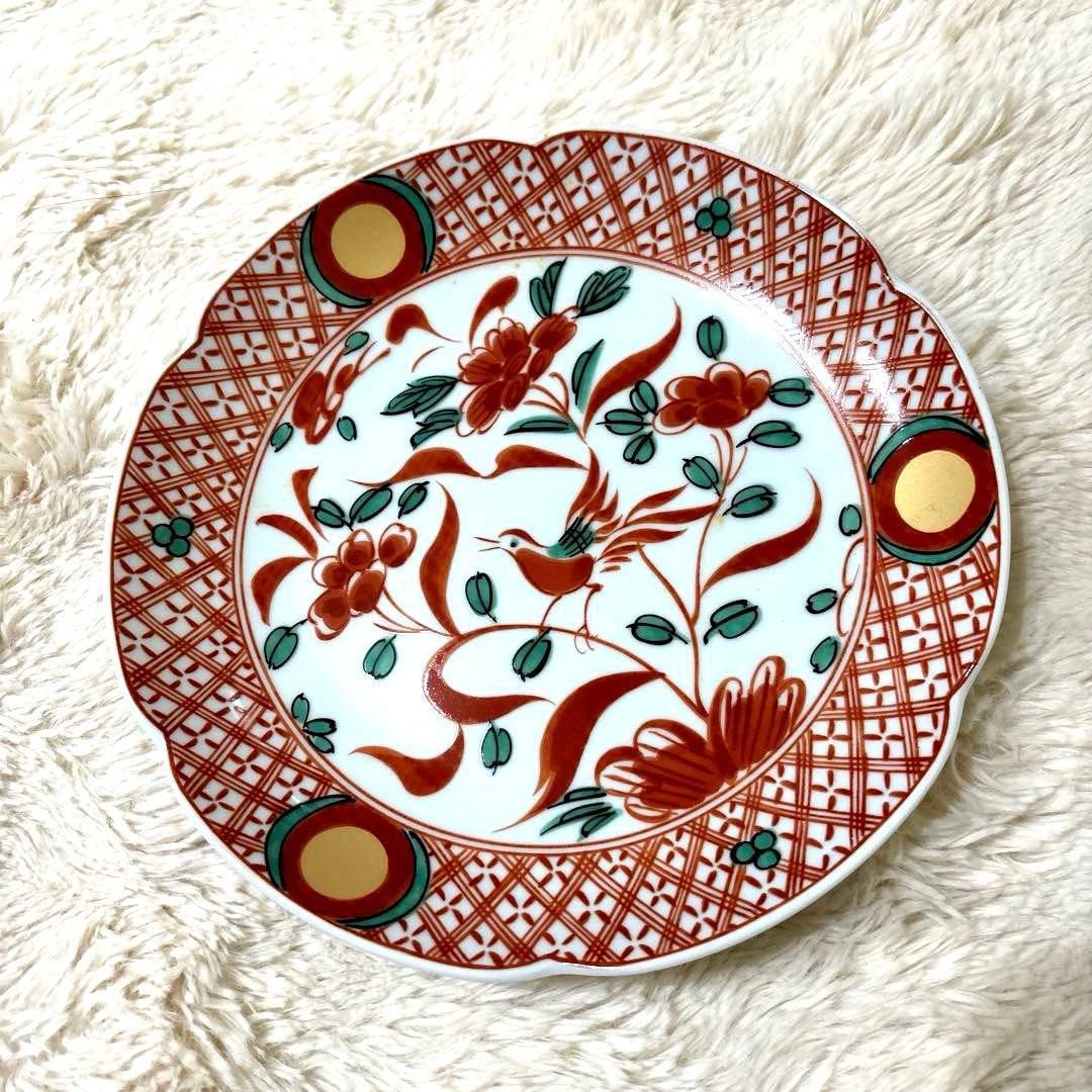 新品 たち吉 橘吉 赤絵花鳥 中皿5枚 木箱付 金彩丸紋 呉須赤絵 古伊万里色絵