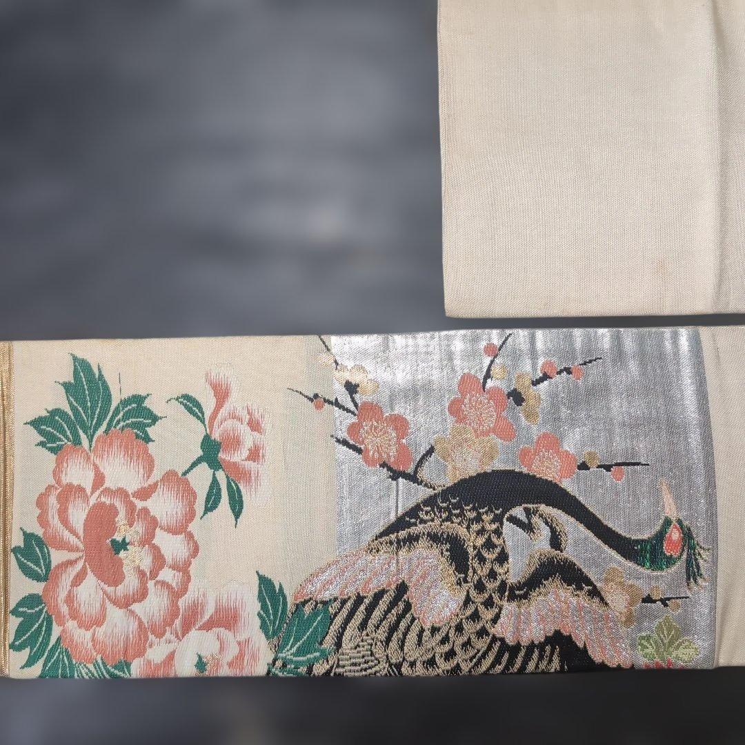 【まちこまち、4点】 979 美品　アンティーク　名古屋帯　　孔雀と花