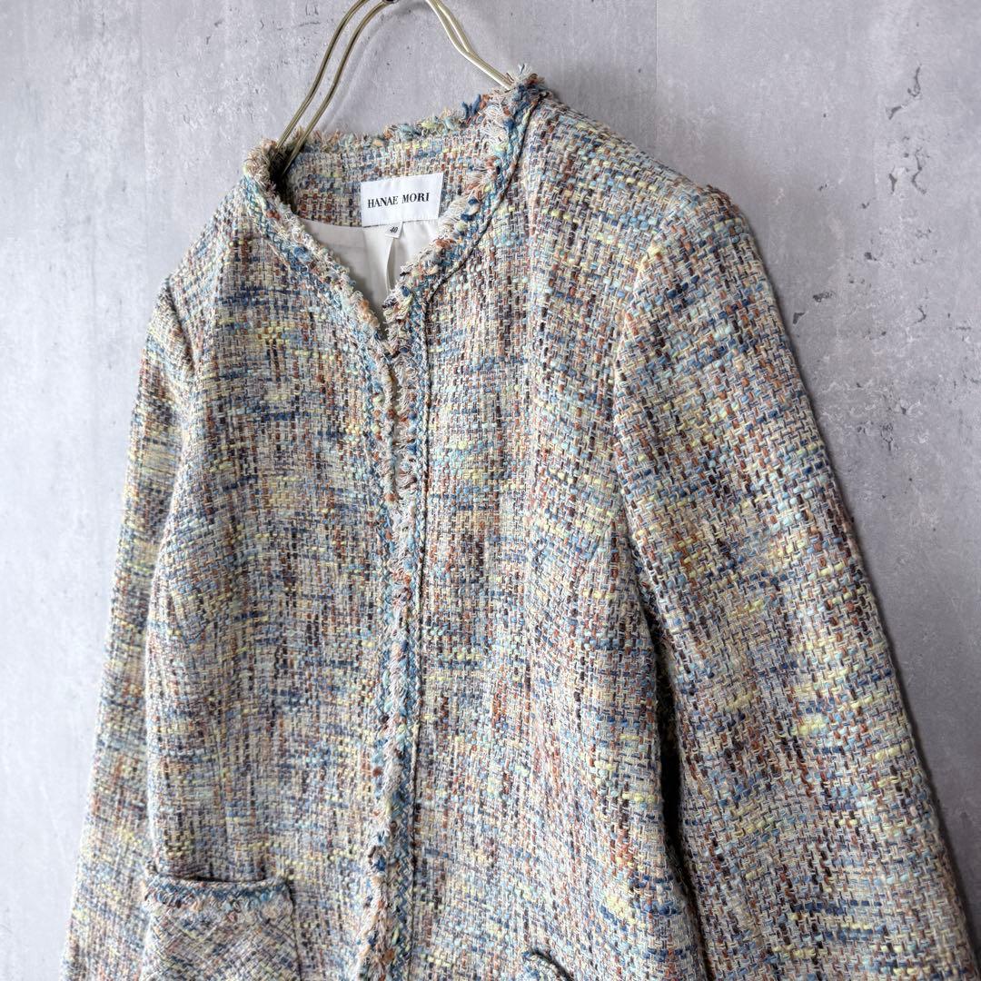 ハナエモリ ツイードノーカラージャケット マルチカラー 40 日本製
