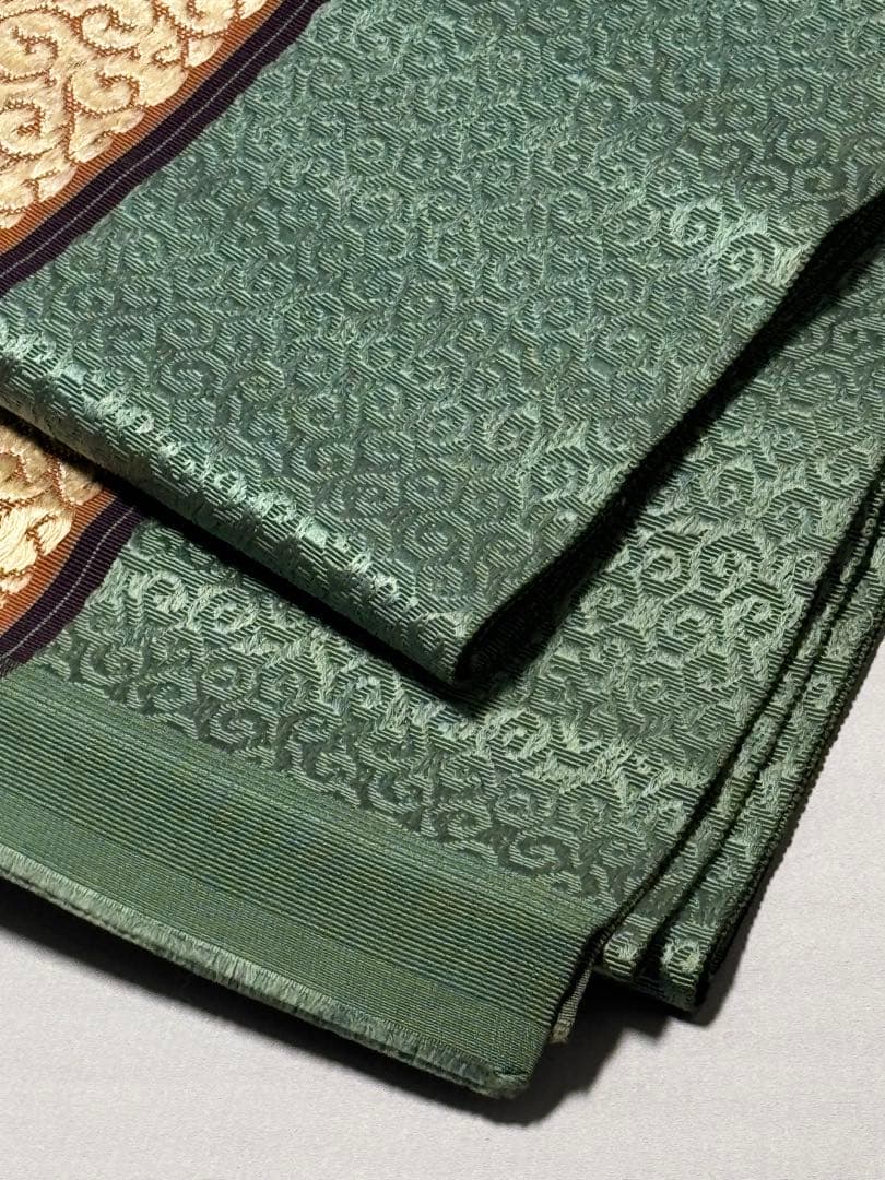 [とも] 本場筑前博多織　名古屋帯　正絹　唐草　緑　博多帯　カジュアル