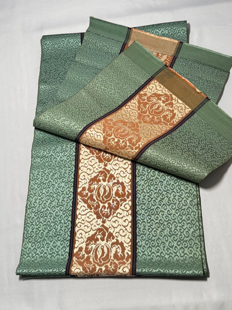 [とも] 本場筑前博多織　名古屋帯　正絹　唐草　緑　博多帯　カジュアル