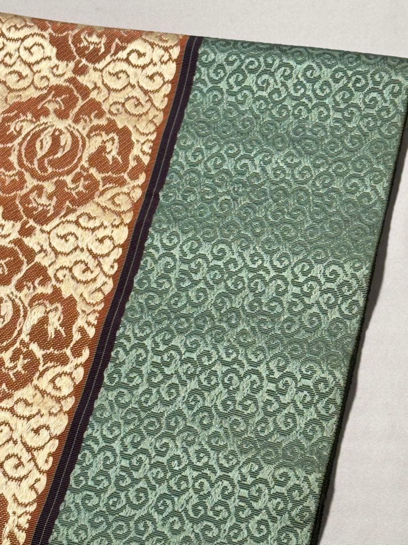 [とも] 本場筑前博多織　名古屋帯　正絹　唐草　緑　博多帯　カジュアル