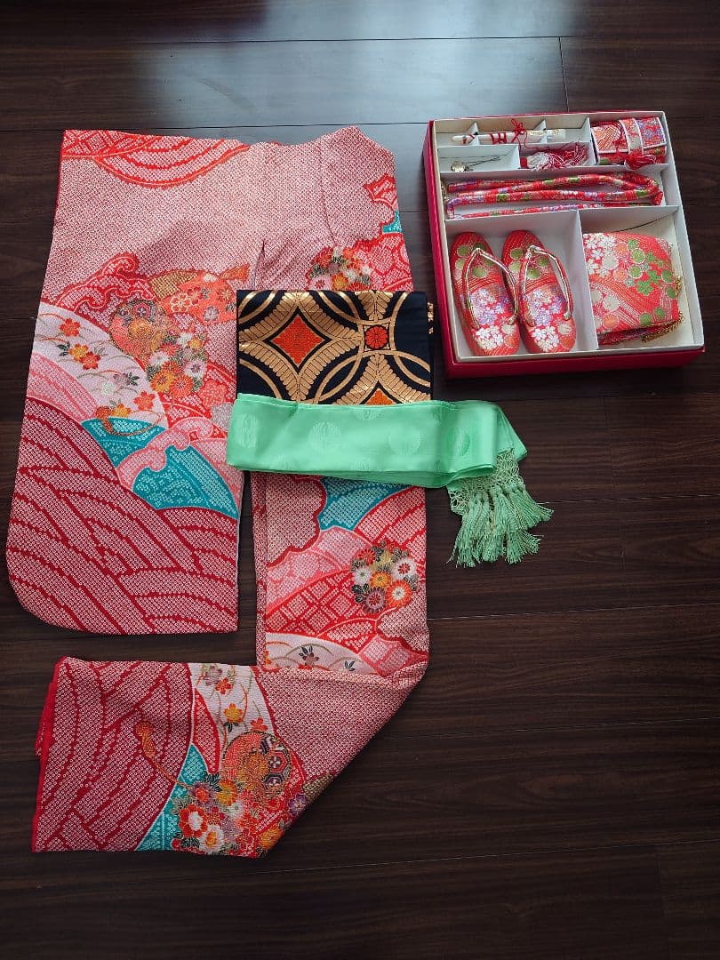 七五三　着物　筥迫セット　長襦袢　7歳　女の子　絞り柄　袋帯