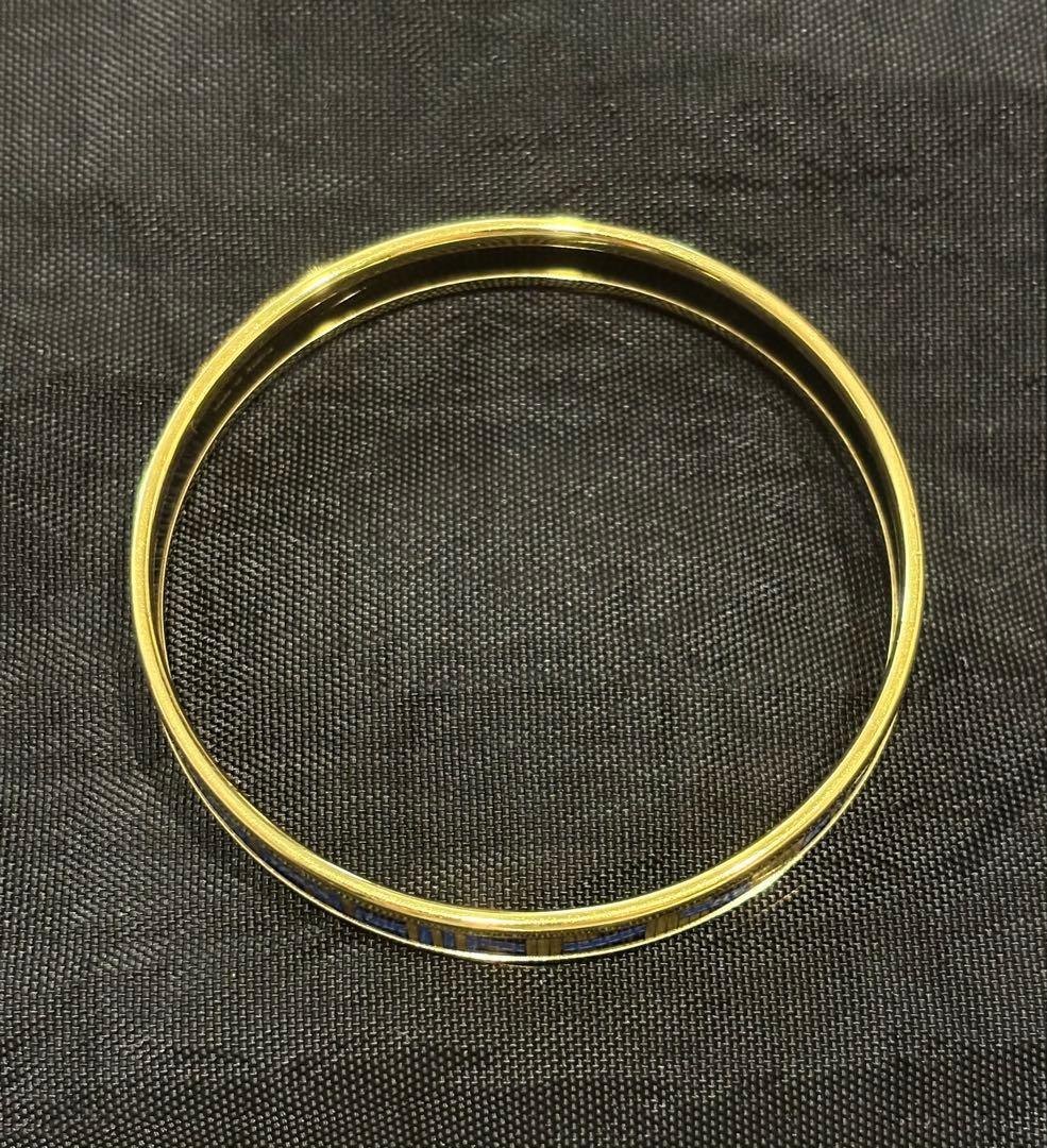 HERMES エルメス エマイユ バングル 青 ブルーリボン柄