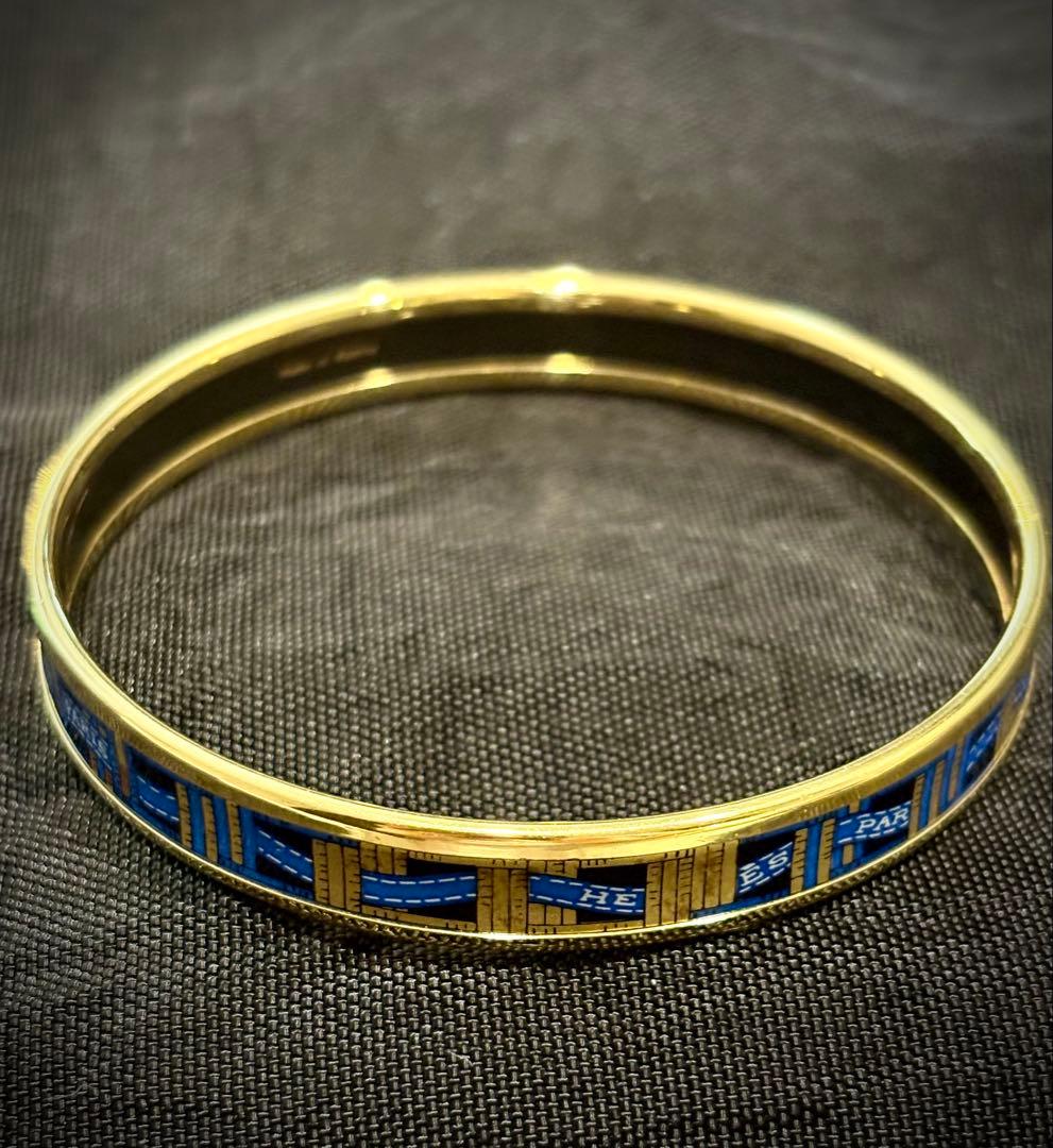 HERMES エルメス エマイユ バングル 青 ブルーリボン柄