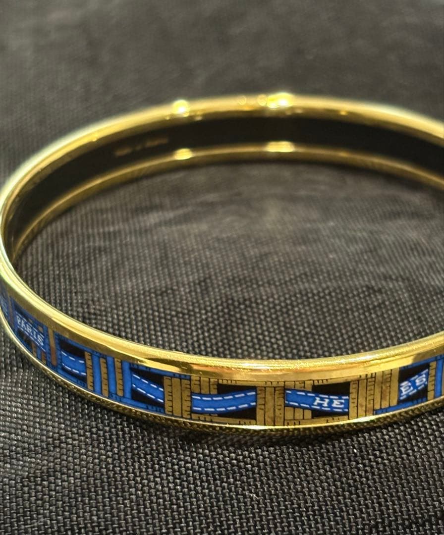 HERMES エルメス エマイユ バングル 青 ブルーリボン柄