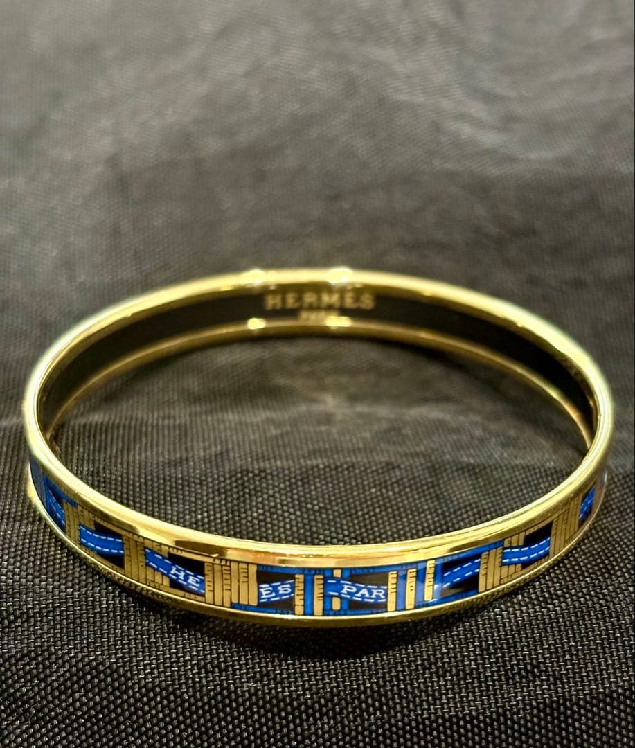 HERMES エルメス エマイユ バングル 青 ブルーリボン柄