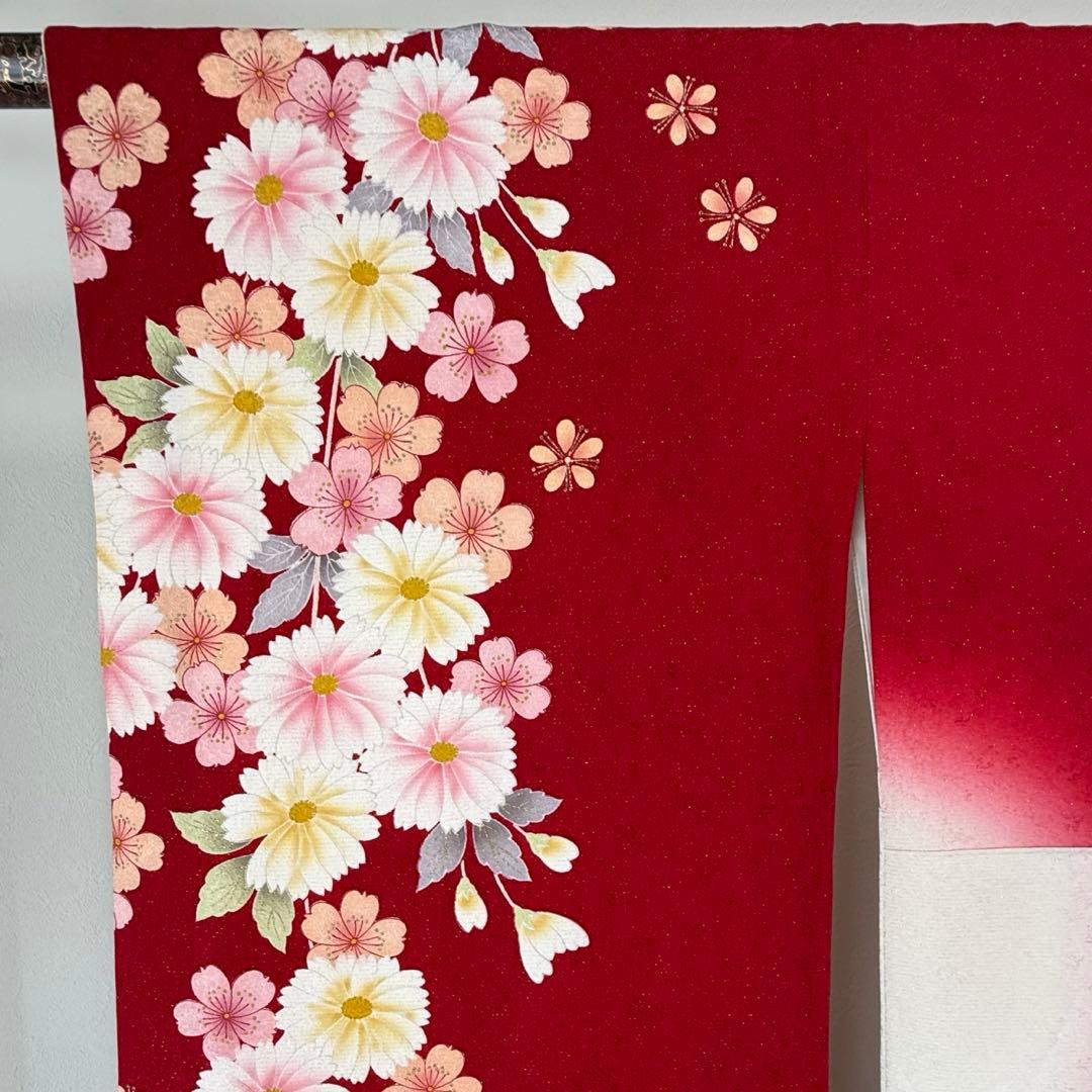 超美品　正絹　現代振袖　成人式　着物　162㎝　紅　赤　白　金糸　刺繍　花柄