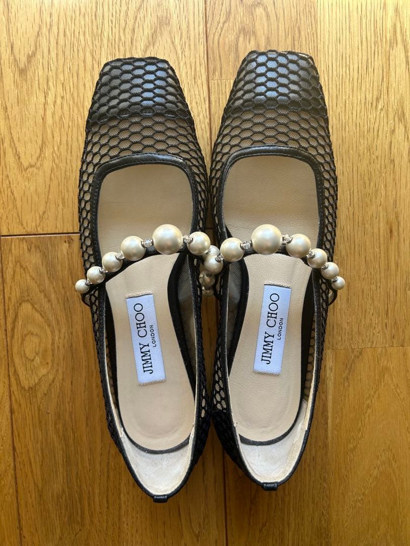 JIMMY CHOO パール付メッシュフラットシューズ