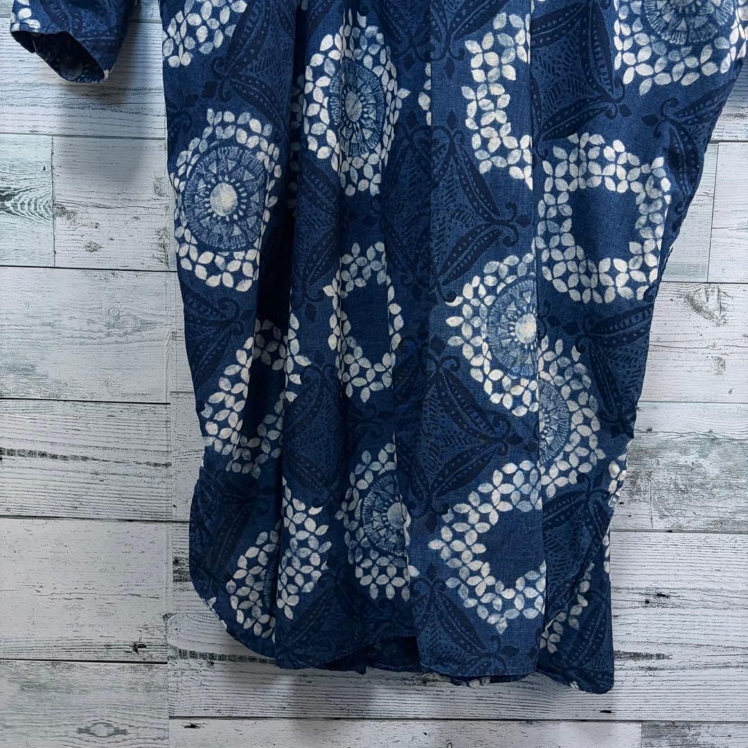 ☆美品☆45R 抜染プリントのビッグシャツドレス（インディゴ）　0サイズ