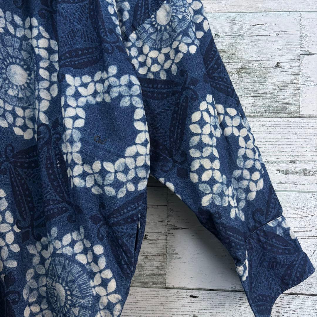 ☆美品☆45R 抜染プリントのビッグシャツドレス（インディゴ）　0サイズ