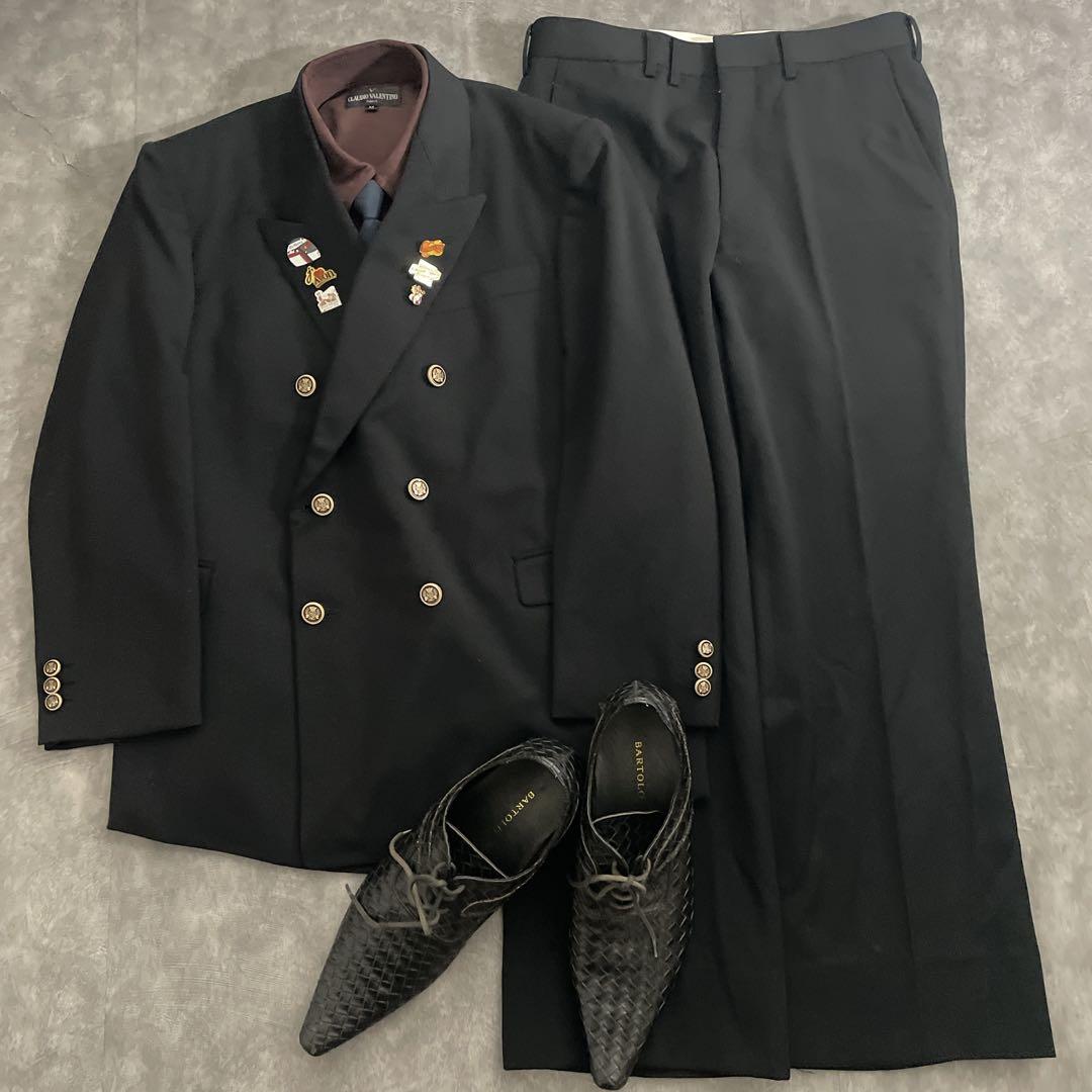 極上 漆黒ウール 黒金ボタン ダブルブレストスーツ のみ